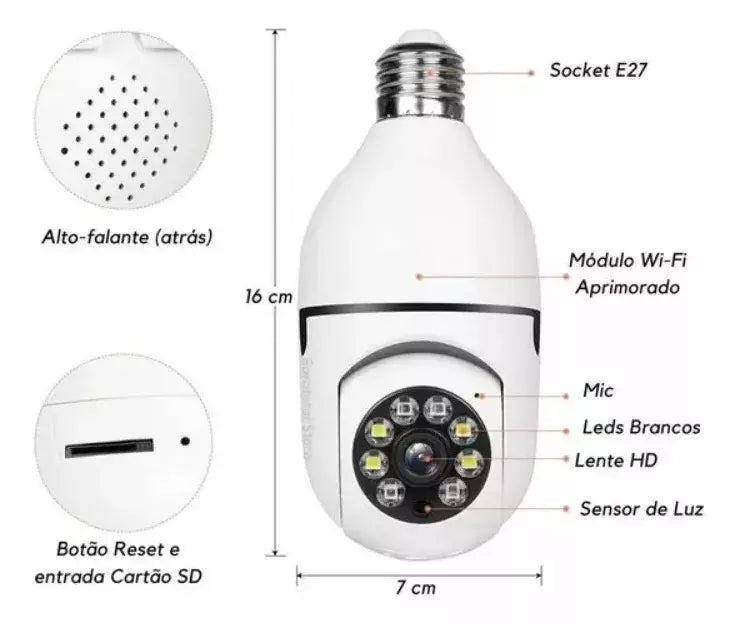 Câmera Segurança Ip 360 Lâmpada Wi-fi Visão Noturna Áudio Hd
